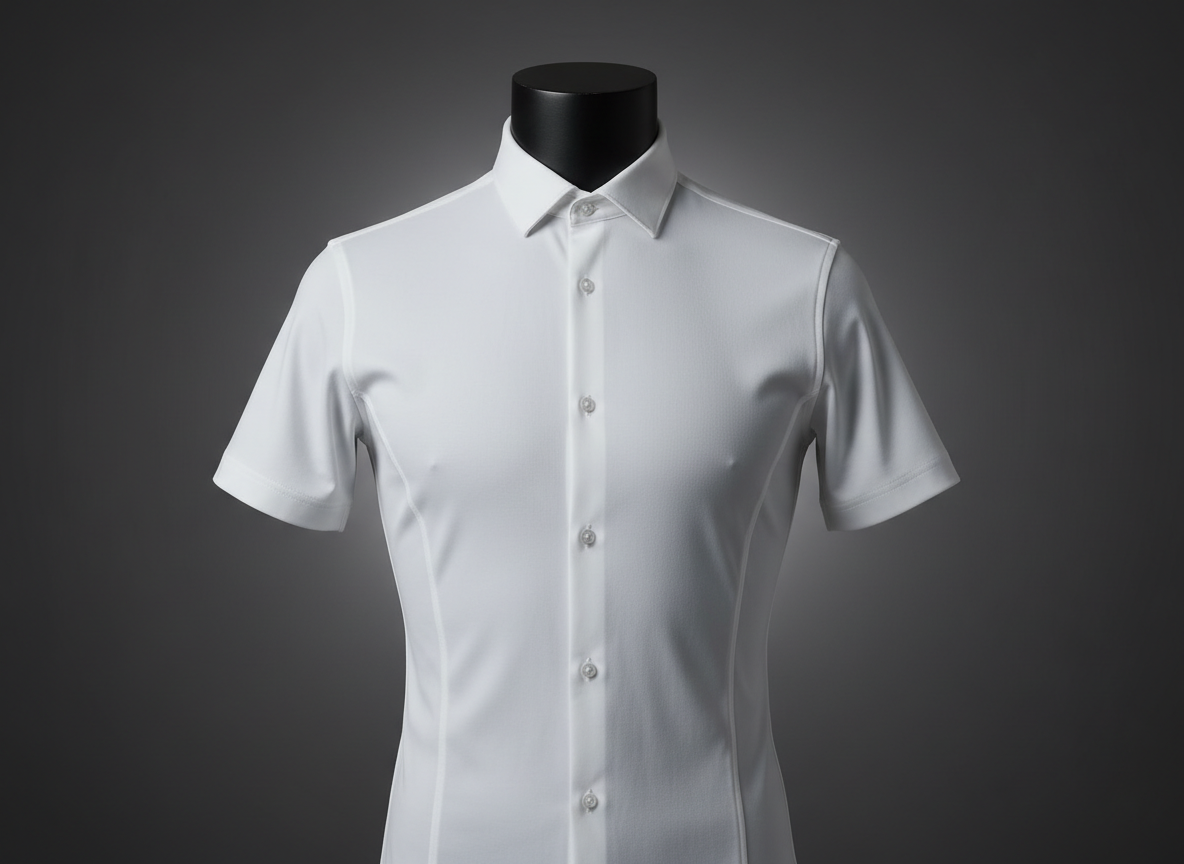 A crisp, fitted men’s short-sleeve button-up shirt in bright white microfiber, tailored for an athletic frame, displayed on a matte black mannequin torso cropped just below the neck and above the waist to avoid any human presence. The shirt’s clean seams, tapered waist, and slightly stretched chest area highlight a sculpted silhouette. It stands in front of a smooth, dark gray backdrop in a studio setting, with soft, diffused frontal lighting and a subtle rim light from behind to define the edges. The composition is centered and vertical, with photographic realism and minimal props, creating a strong, assertive catalog-style image that feels polished, modern, and confidently stylish for gay men’s fashion.