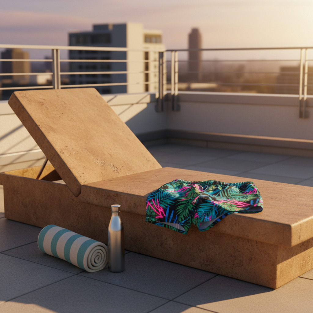 A sun-drenched rooftop terrace scene featuring a single pair of low-rise men’s swim shorts in a daring tropical print—lush palm leaves and neon accents—resting on a warm, textured concrete lounge chair. A rolled beach towel and a sleek, modern water bottle sit nearby, hinting at a stylish pool day without any people present. Strong golden hour sunlight washes over the setting, creating vivid colors, sharp, confident shadows, and a subtle shimmer on the metal railings in the background. Shot from a slightly elevated angle with photographic realism, the composition uses the lines of the terrace and the city skyline blur to frame the swim shorts as the focal point, radiating bold, urban, queer vacation energy.