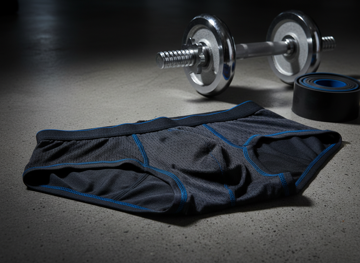 A single, athletic men’s sport brief in deep charcoal with electric blue accents displayed on a textured concrete gym floor, positioned beside a sleek, chrome dumbbell and a rolled resistance band. The fabric’s mesh ventilation panels and reinforced stitching are captured in razor-sharp detail, emphasizing performance and durability. Focused, directional studio lighting from one side mimics dramatic gym lighting, throwing bold shadows across the floor and adding intensity to the scene. Shot from a low, slightly angled perspective, the brief dominates the foreground with a shallow depth of field that blurs the background equipment. The overall photographic style is bold and dynamic, conveying power, movement, and a high-energy, unapologetically masculine vibe.