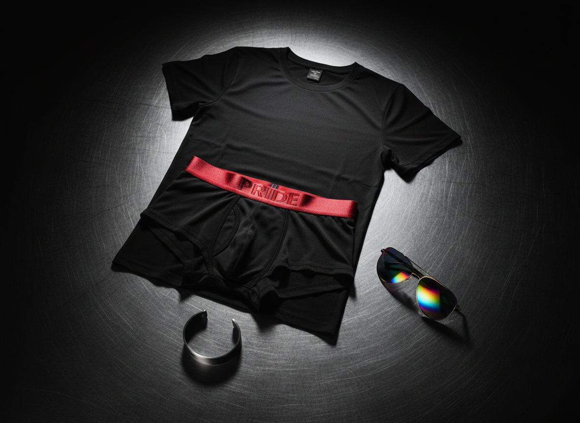 A bold flat-lay composition of a complete menswear look for gay nightlife: a pair of sleek black boxer briefs with a glossy red waistband, a fitted black performance tee, and a minimal cuff bracelet arranged on a dark, brushed metal surface. A pair of angular, mirrored sunglasses rests nearby, hinting at late-night confidence. A single, strong overhead light creates striking highlights along the elastic waistband and deep, dramatic shadows between the garments, producing a high-contrast, cinematic feel. The items are arranged diagonally across the frame in photographic realism, creating dynamic movement and an unapologetically bold, club-ready atmosphere that aligns with confident, expressive gay men’s style.