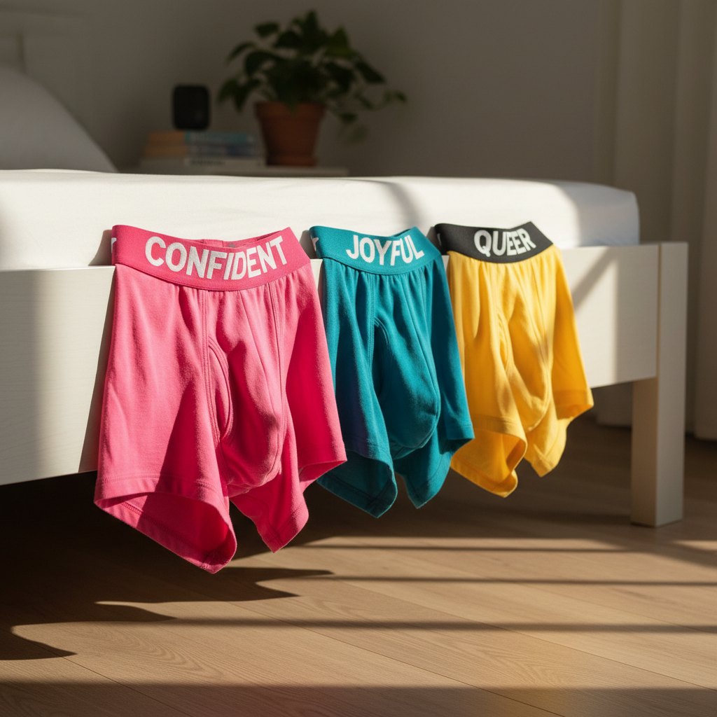 A lifestyle-inspired product scene featuring three pairs of brightly colored men’s underwear—one in hot pink, one in turquoise, and one in sunshine yellow—draped over the edge of a minimalist white bed frame, suggesting a playful, lived-in space without including any people. The fabrics appear ultra-soft and slightly stretched to showcase supportive cuts and bold waistbands. Late afternoon sunlight pours through an unseen window, casting elongated, warm shadows across a light wood floor and creating subtle highlights on the elastic. Shot at eye level with a shallow depth of field, the foreground underwear is tack sharp while the background blurs softly. The photographic realism, airy setting, and vibrant colors evoke a confident, joyful, and unapologetically queer home atmosphere.